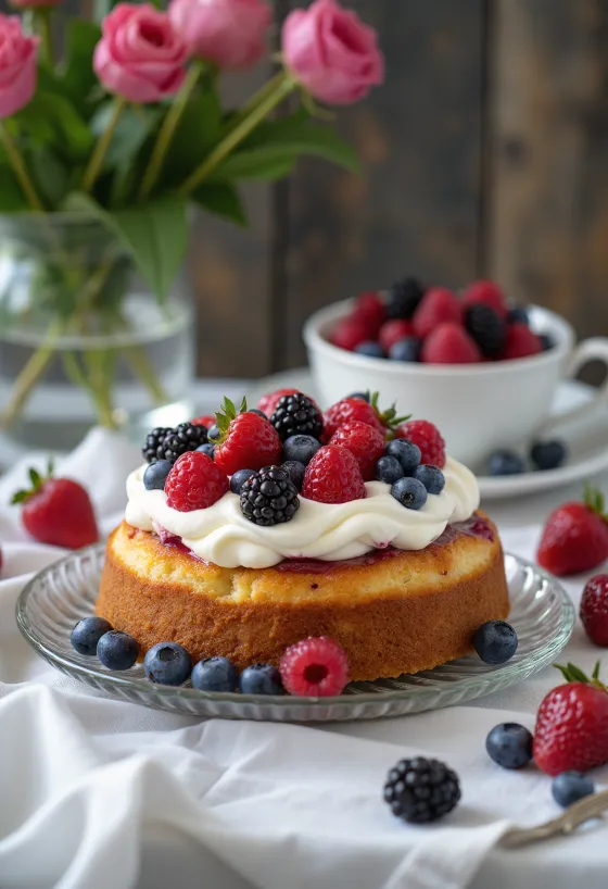Gâteau aux fruits rouges servi