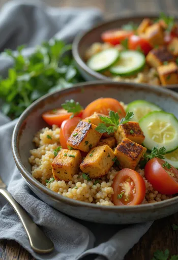 Tofu grillé servi avec une salade de quinoa