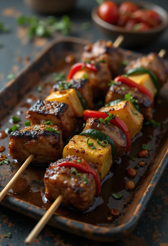 Brochettes de kangourou à la sauce chili servies sur un plat rustique.