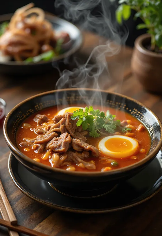 Soupe Yukgaejang, soupe de nouilles au bœuf coréenne avec œuf frais et algue