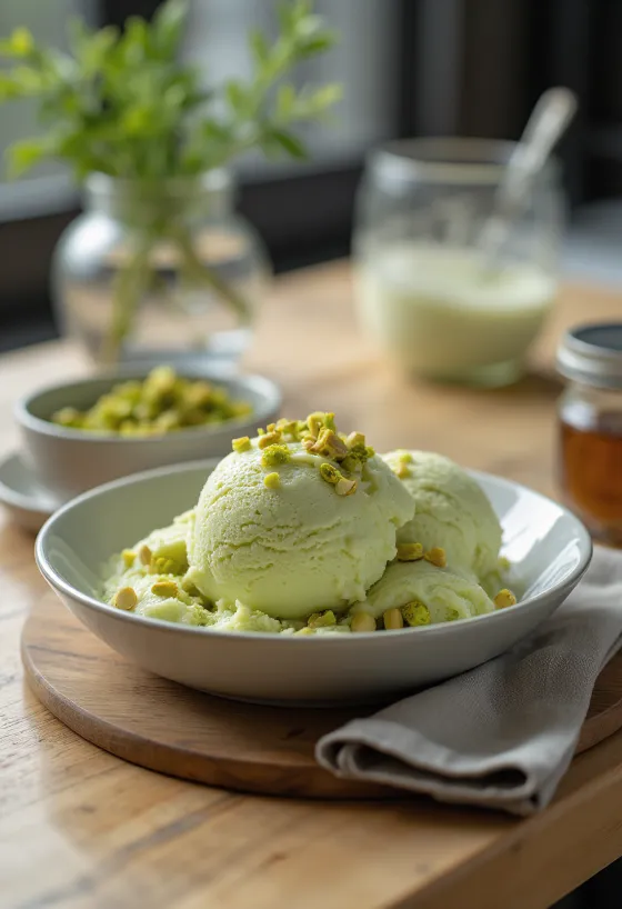 Glace crémeuse à la pistache servie