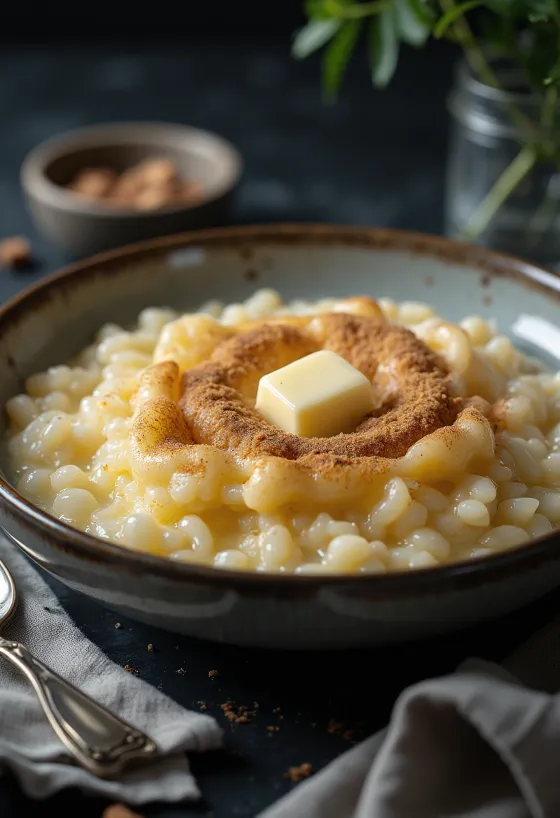Risengrød vegan, servi avec lait de coco et cannelle