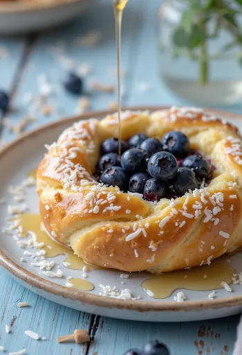 Skolebrød rustique saupoudré de coco avec un cœur de crème et myrtilles