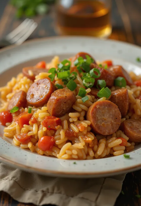 Jambalaya à la saucisse fumée servi dans un bol garni de persil