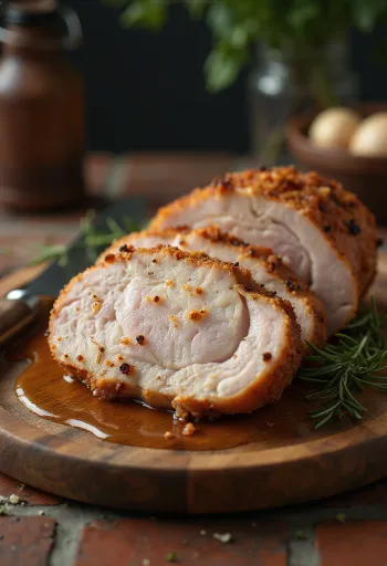 Rôti de porc doré à la croûte croustillante et intérieur juteux.
