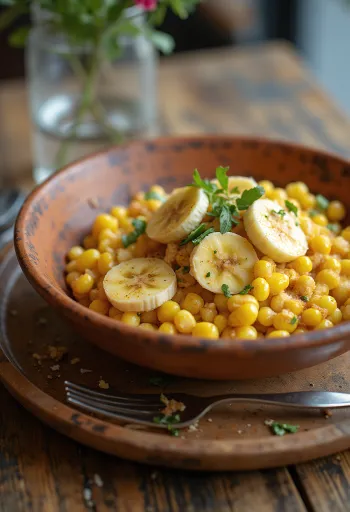 Tamalito à la banane servi avec fromage feta et tranches de lime
