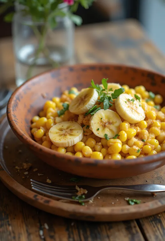 Tamalito à la banane servi avec fromage feta et tranches de lime