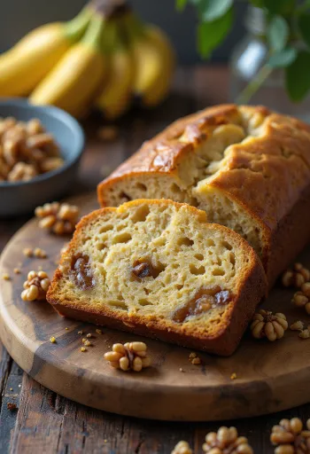 Pain à la banane et aux noix tranché sur une planche