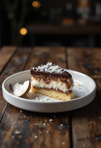 Gâteau Bounty décoré d'un glaçage chocolat et de noix de coco râpée