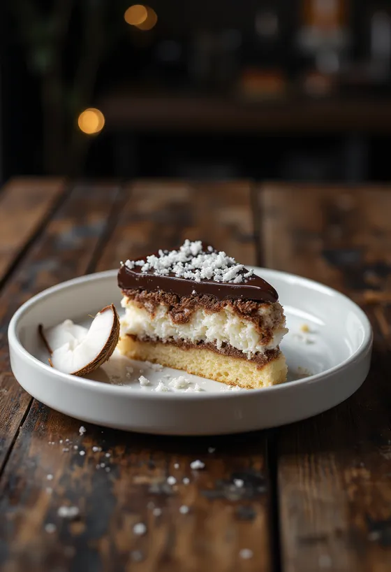 Gâteau Bounty décoré d'un glaçage chocolat et de noix de coco râpée