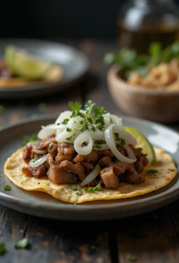 Tacos de Cabeza à la joue de bœuf mijotée, coriandre et oignon rouge