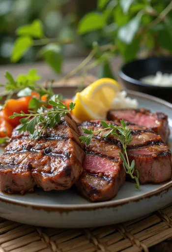 Steaks d'émeu grillés servis sur une assiette rustique