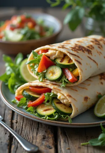 Wrap aux légumes grillés avec houmous et roquette