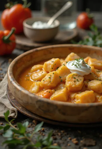 Paprikash de silure servi avec des pâtes au fromage blanc
