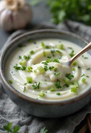 Sauce à la crème fraîche aneth et ail dans un bol, décorée d'aneth frais et de citron.