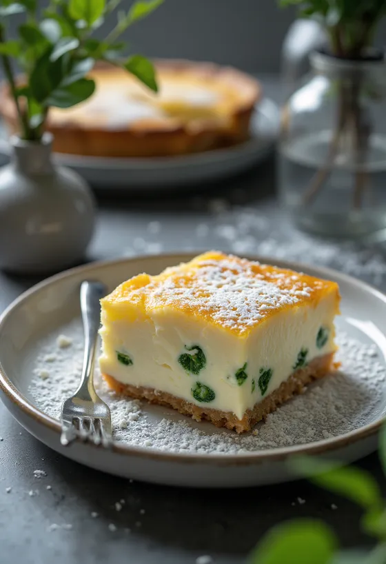 Gâteau au fromage blanc et à l'aneth fraîchement cuit, doré, coupé en tranches sur un plateau.