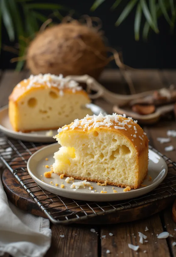 Génoise à la noix de coco coupée en parts