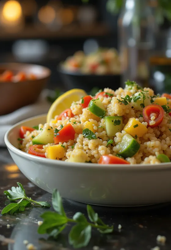 Salade de couscous fraîche servie avec légumes colorés et herbes aromatiques.