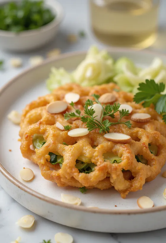 Kakiage aux amandes, plat croustillant coréen avec amandes et légumes