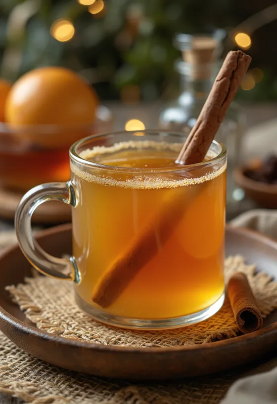 Boisson punch miel-caramel décorée de rondelles d'orange et de bâtons de cannelle