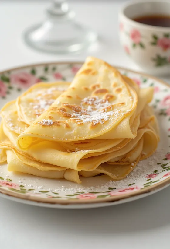Crêpe fraîche dorée, saupoudrée de sucre glace