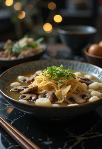 Sujebi aux champignons sautés, décoré de coriandre fraîche