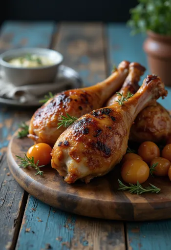 Cuisses de dinde fumées servies sur une assiette rustique