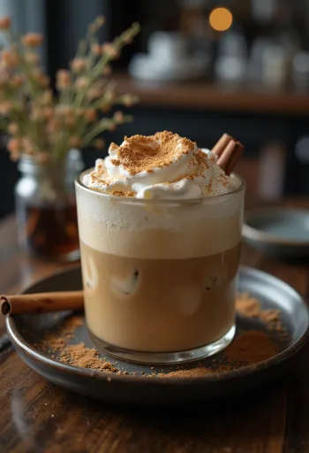 Boisson café frappé cannelle-menthe décorée de chantilly, bâton de cannelle et feuilles de menthe