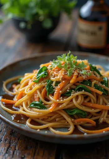 Japchae à la sauce soja et au sucre servi avec des vermicelles de patate douce et des légumes