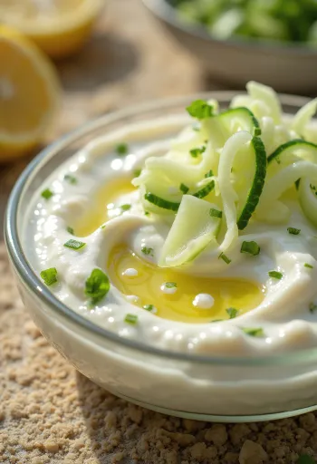 Sauce concombre à la crème et à l'aneth dans un bol, décorée d'aneth et de concombre.