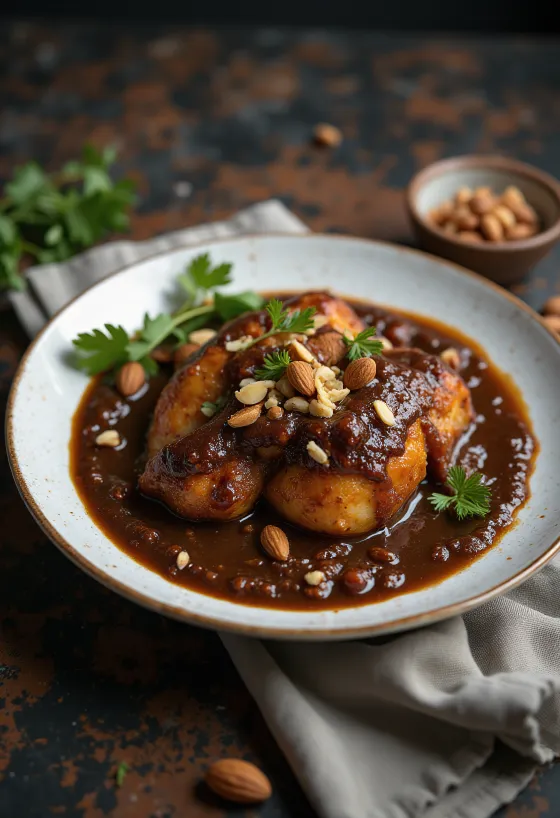 Mole xiqueño servi avec du poulet, de la crème fraîche et des amandes