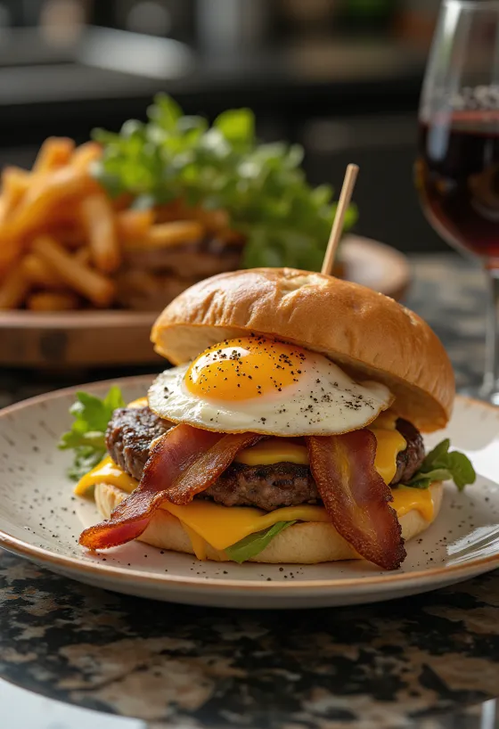 Burger petit-déjeuner fraîchement préparé avec œufs et bacon