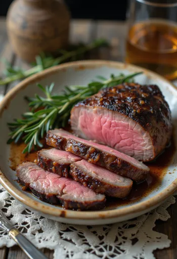 Steak de venaison fumé, steak de cerf fumé avec légumes rôtis et romarin