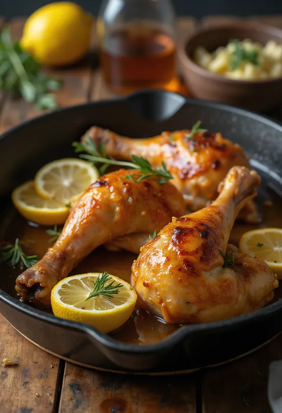 Cuisse de poulet rôtie dorée, avec une peau croustillante et décorée d'herbes fraîches