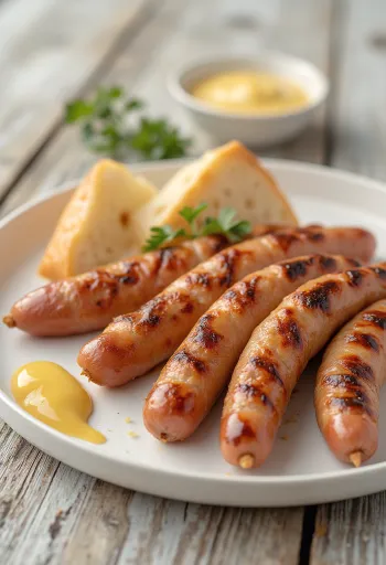 Saucisse frite dorée à la peau croustillante, servie avec moutarde et pain frais.