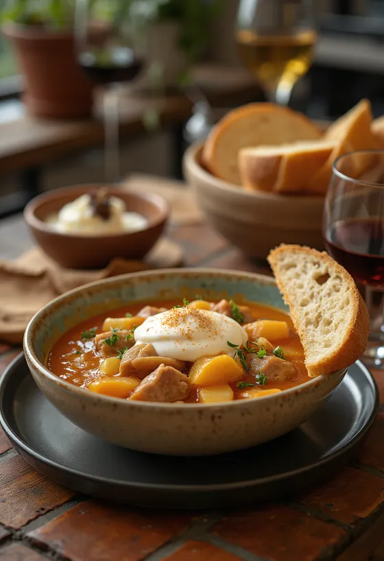 Székely káposzta traditionnel avec porc juteux et choucroute, servi avec crème fraîche.