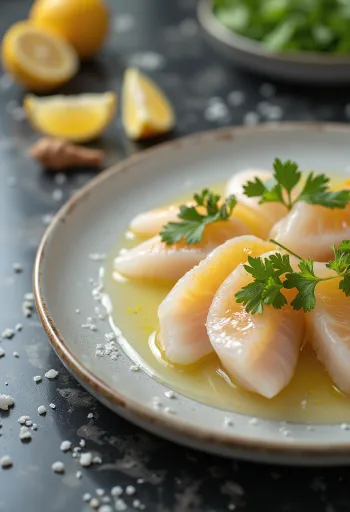 Tiradito sauce yuzu, tranches de poisson frais avec piment, coriandre et citron vert