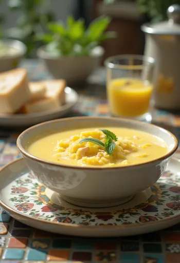 Soupe Avgolemono servie avec de l'aneth frais