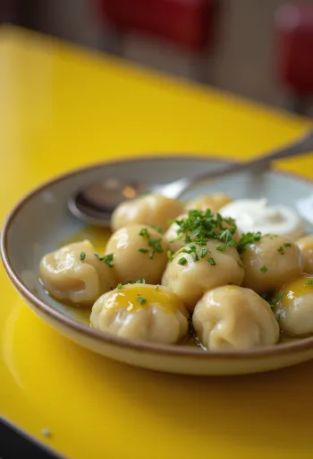 Chaussons chuchvara bouillis parsemés de coriandre, servis avec une sauce au yaourt