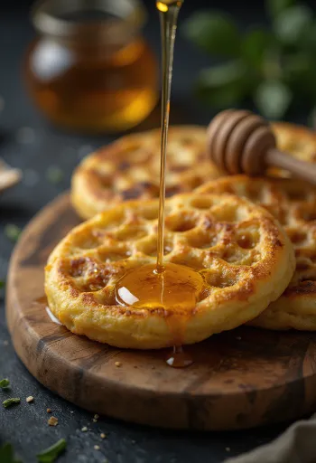 Crumpet au miel, petits pains dorés et moelleux