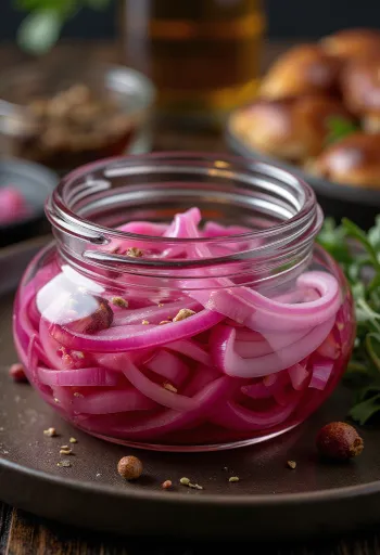 Oignons rouges marinés piquants servis dans un bocal