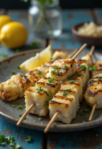 Viande d'alligator grillée servie avec citron et légumes grillés