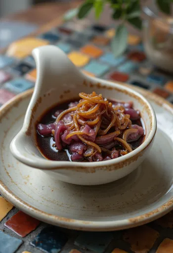 Sauce au vin rouge et oignons caramélisés servie