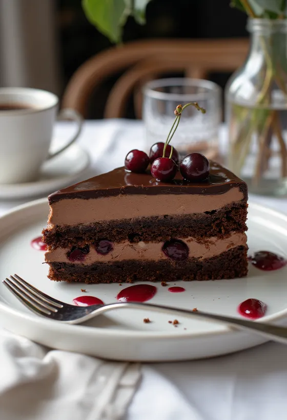 Gâteau Lúdláb au chocolat et griottes servi