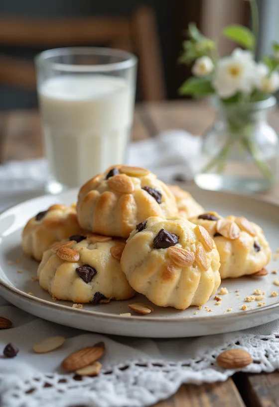 Mandelkubb au chocolat, biscuits aux amandes avec pépites de chocolat et décorés d'amandes effilées