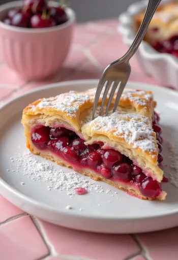 Gâteau aux griottes frais maison, saupoudré de sucre glace avec une pâte croustillante.