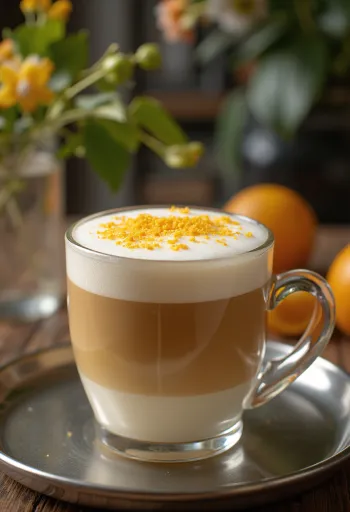 Boisson café latte orange-vanille décorée de chantilly et d'une tranche d'orange