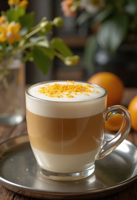Boisson café latte orange-vanille décorée de chantilly et d'une tranche d'orange
