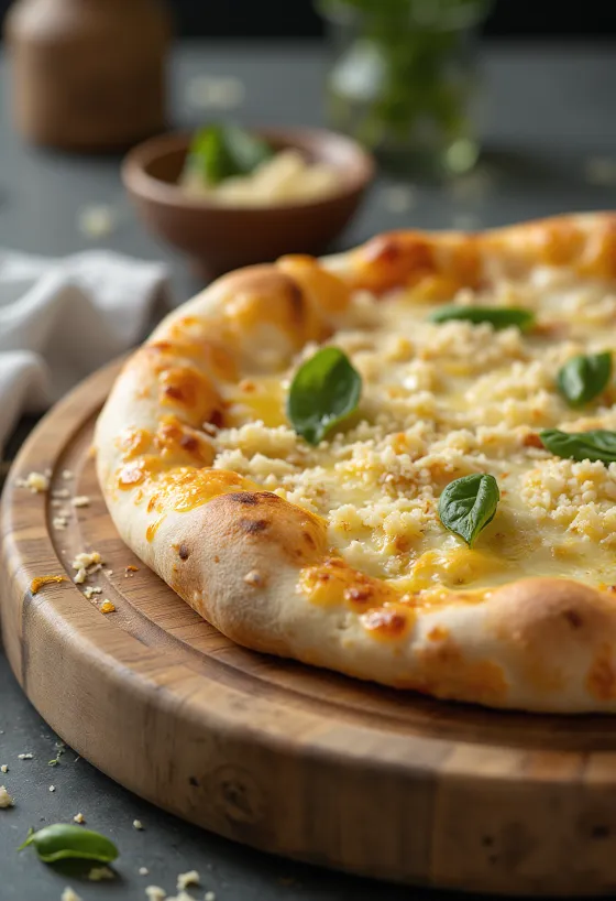 Pizza blanche servie avec ricotta, mozzarella et herbes fraîches