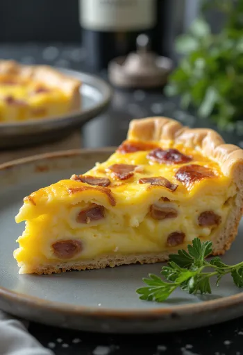 Quiche Lorraine classique, pâte brisée croustillante, garniture crémeuse, lardons et fromage.